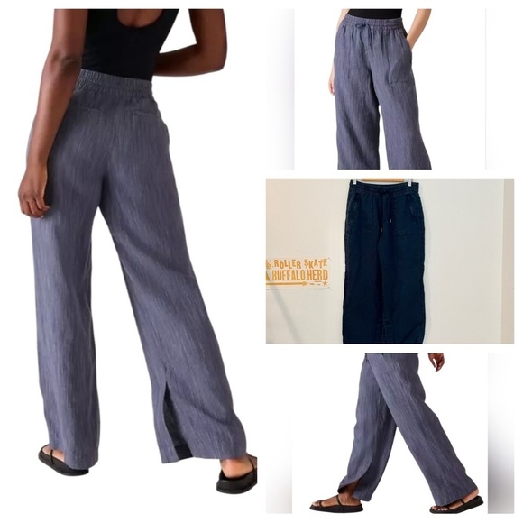 Athleta Retreat Linen High Rise Raining Navy Ankle Wide Leg Drawstring Pants - Picture 1 of 14